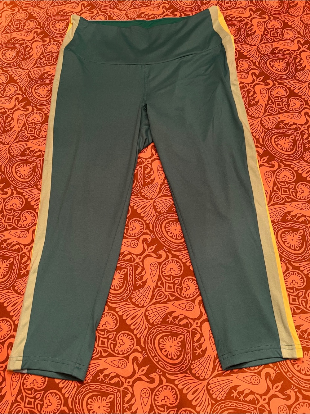 Belle by Kim Gravel Teal Capri Leggings with Green & Yellow Side Stripes